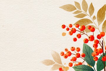 Autumn Rowan Berries and Leaves Watercolor Illustration with Copy Space