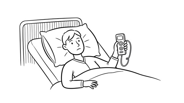 Linear drawing of patient in hospital bed holding remote for assistance