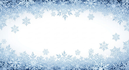 Crystalline light blue and white snowflakes create an elegant frame on a white background with a bokeh effect and copy space. Festive winter holiday background concept