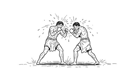 Dynamic fighting scene of two boxers in engaged combat with splashing sweat in a linear style