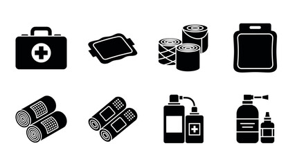 Essential first aid kit icons featuring bandages and medical supplies in silhouette style