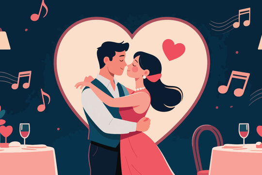 Couple dancing and embracing in front of heart shape with musical notes and romantic dinner setup.