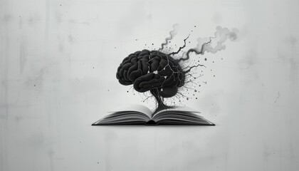 Conceptual Black Brain Emerging From Open Book With Smoke And Splatter
