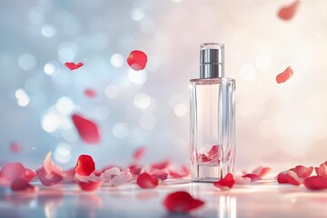 minimal clear perfume bottle with floating rose petals on soft pastel background. beauty product photo