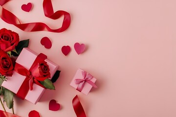 top-down valentine flat lay with red ribbon, roses and pink gift box on soft neutral background