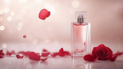 minimal clear perfume bottle with floating rose petals on soft pastel background. beauty product photo