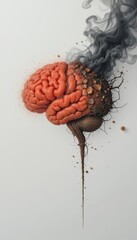 Human Brain Rotting Into Dried Branches And Gray Smoke Against White