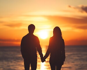 romantic silhouette of couple holding hands by ocean at sunset with warm golden glow