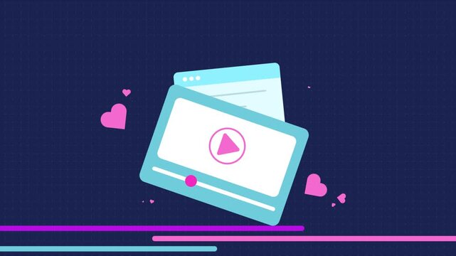 Animated flat design illustration showing online video content marketing social media streaming comments and likes motion clip