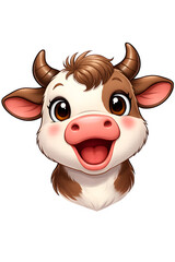 Cute cartoon smiling cow calf head portrait illustration against a black background, happy and adorable animal mascot.