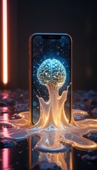 Glowing Digital Brain Floating Above A Melting Smartphone In Dark Room