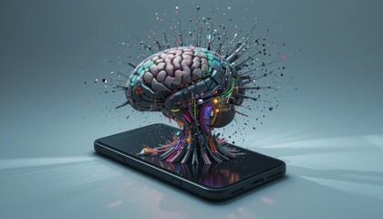 Glowing Digital Brain Growing From A Black Smartphone On Gray Background