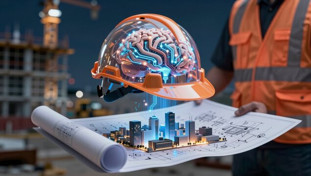 A construction worker holds blueprints displaying a futuristic city with a digital brain inside a hard hat