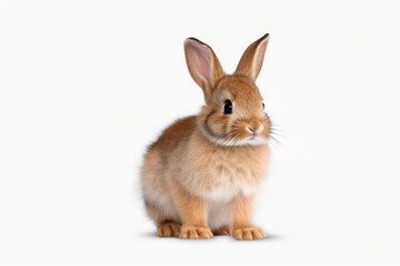 Fototapeta premium Adorable fluffy baby rabbit with brown fur posing on a clean white backdrop