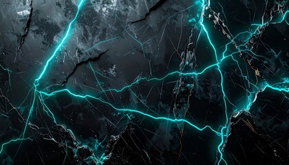 Abstract Neon Lightning Cracks on Dark Marble Texture Background.