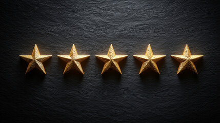 Five golden stars rating concept on dark background for premium quality and excellence evaluation