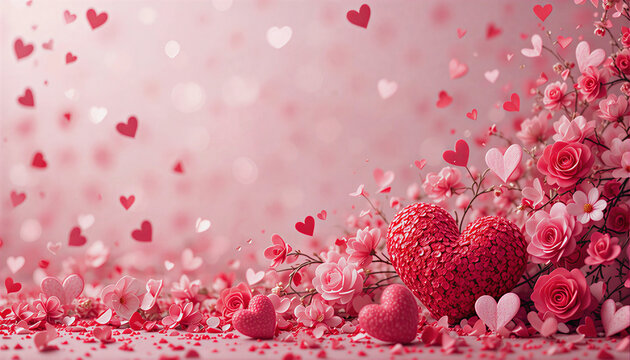 Romantyczne tło walentynkowe z sercami i r&oacute;żami, koncepcja miłości i święta zakochanych z miejscem na tekst