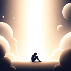Lonely human silhouette sitting in surreal glowing landscape, emotional mental health concept with dramatic light, inner struggle, hope and copy space for text
