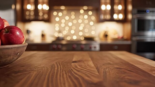 A warm and inviting domestic scene features a rustic wooden countertop with a focus on a handcrafted bowl brimming with vibrant red apples in the foreground. The background is beautifully rendered wit