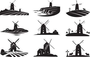Windmill Silhouettes in Rural and Coastal Landscapes illustration