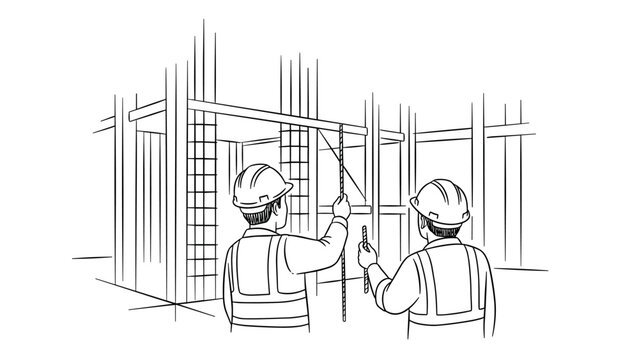 Linear outline of construction workers in hard hats at building site - Powered by Adobe
