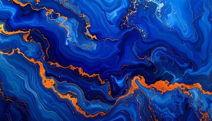 Vibrant Blue and Orange Swirling Abstract Fluid Art Texture.