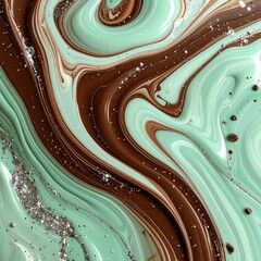 Abstract Swirls of Mint Green and Rich Chocolate with Glitter Accents.
