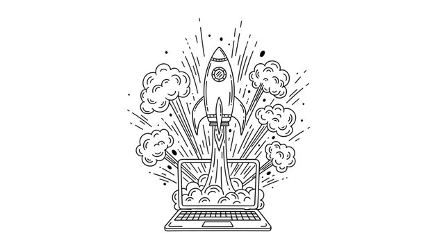 Hand drawn rocket launching from laptop with explosive clouds