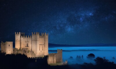 Ancient castle bathed in moonlight, shrouded in mist, under a starlit sky