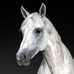 Fototapeta premium Close-up of a majestic grey equine against a stark black backdrop