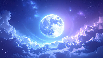 Obraz premium A serene moonlit night sky with clouds and stars visible from a distance