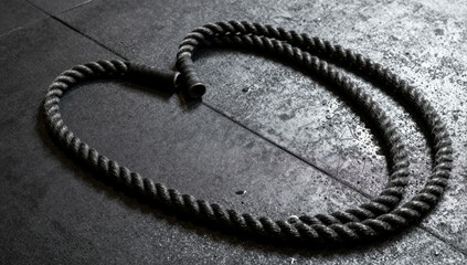 A thick dark rope forms a heart shape on a textured gym floor Valentine