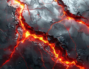 Fiery Lava Flow Through Cracked Earth Abstract Background.