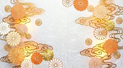 金と和紙地浮世絵風和風伝統紋イメージ雲模様と菊テクスチャ 背景素材	
