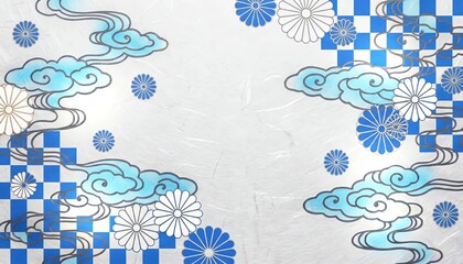 和紙地浮世絵風和風伝統紋イメージ雲模様と菊テクスチャ 背景素材	
