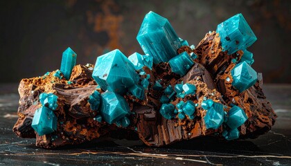 Stunning Cluster of Vibrant Blue Gemstone Crystals on Dark Background.
