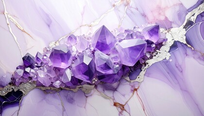 Stunning Amethyst Geode Cluster with Swirling Purple and White Marble Background.