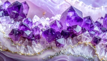 Stunning Macro View of Vibrant Purple Amethyst Crystal Geode Formation.
