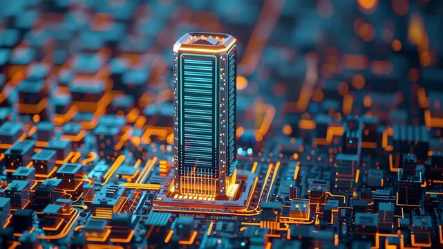 Futuristic glowing circuit board design with peak energy and digital technology reliability