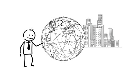 Businessman with globe and cityscape in network concept
