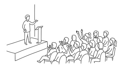 Linear style presentation scene with speaker and audience in conference setting