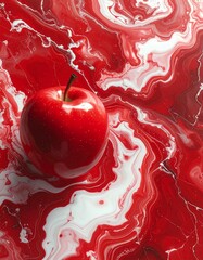 Vibrant Red Apple Artfully Placed on Swirling Red and White Abstract Background.