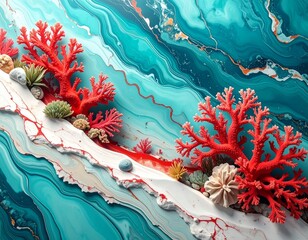 Vibrant Red Coral Reef Ecosystem with Turquoise Ocean Waves.