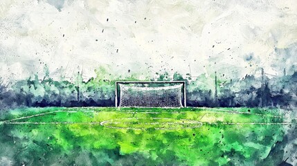 Creative watercolor artwork featuring a soccer goal in action.