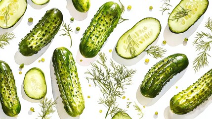 Charming illustration of culinary herbs and pickled vegetables.