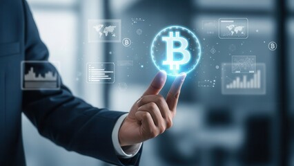 Closeup Businessman Hand holding virtual bitcoin symbol, representing cryptocurrency investment, digital assets, blockchain economy, and fintech innovation