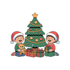 Children Celebrating Christmas by the Tree
