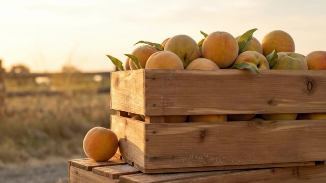 late summer | A rustic wooden crate filled with ripe oranges sits in a sunlit field at dusk, casting soft shadows against the warm tones of the evening sky