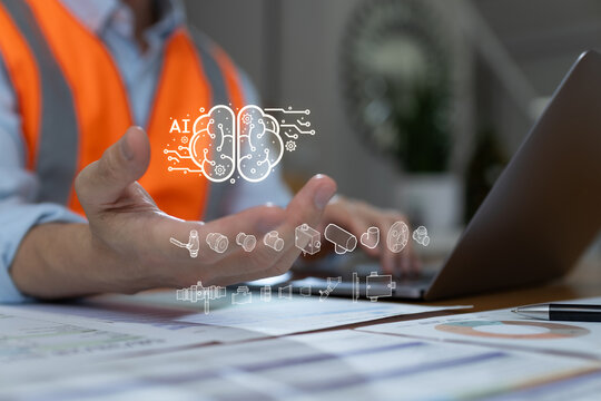 Engineer using tablet to monitor industrial control system with digital interface. Concept of smart factory, SCADA, PLC, flow monitoring, automation in industrial process management.