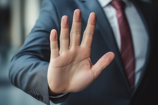 Businessman showing a stop hand gesture, signaling refusal, rejection, or prohibition